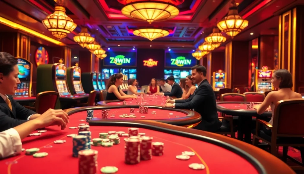 Exciting scene at 789WIN casino with poker tables, chips, and slot machines showcasing luxury gambling.