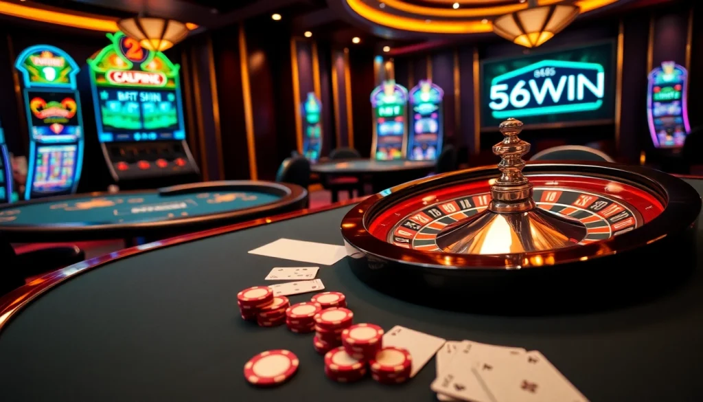 Experience the thrill of winning at 56WIN, featuring poker chips and vibrant casino tables.