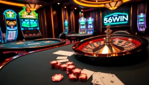 Experience the thrill of winning at 56WIN, featuring poker chips and vibrant casino tables.