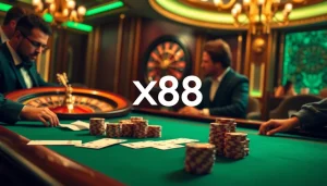 X88 enhances the excitement at a high-stakes poker table with luxury chips and cards.