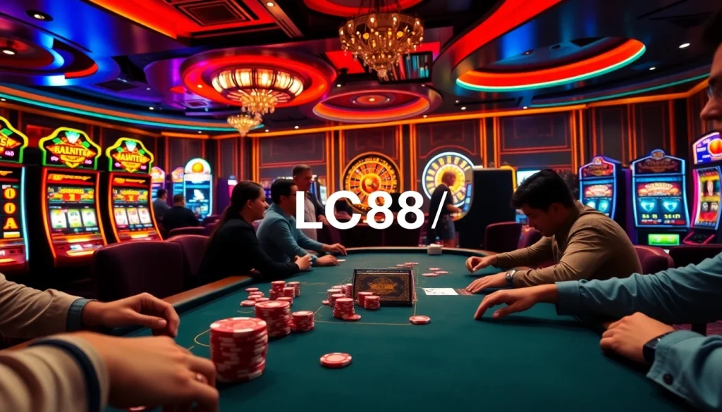Experience thrilling poker action at LC88 with vibrant casino lights and high-stakes gameplay.