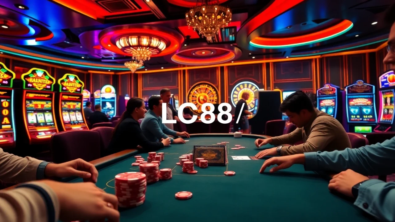 Experience thrilling poker action at LC88 with vibrant casino lights and high-stakes gameplay.