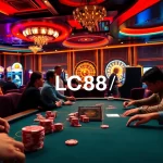 Experience thrilling poker action at LC88 with vibrant casino lights and high-stakes gameplay.
