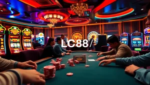 Experience thrilling poker action at LC88 with vibrant casino lights and high-stakes gameplay.