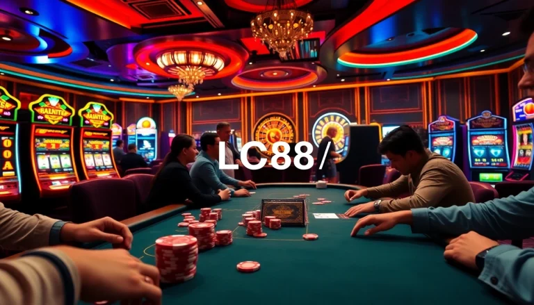 Experience thrilling poker action at LC88 with vibrant casino lights and high-stakes gameplay.