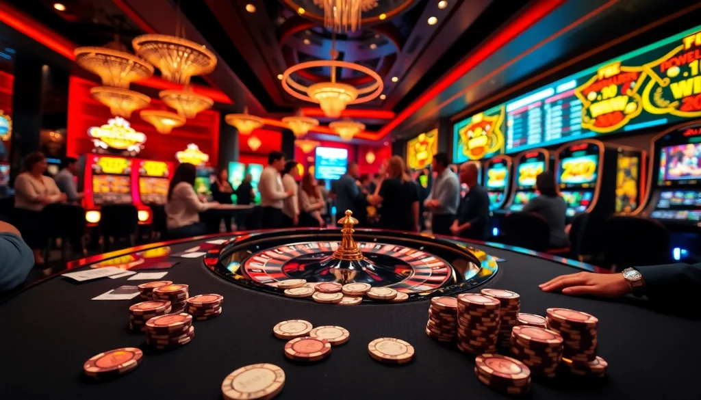 Experience high-stakes gaming at the Luckywin casino with vibrant poker tables and thrilling slot machines.