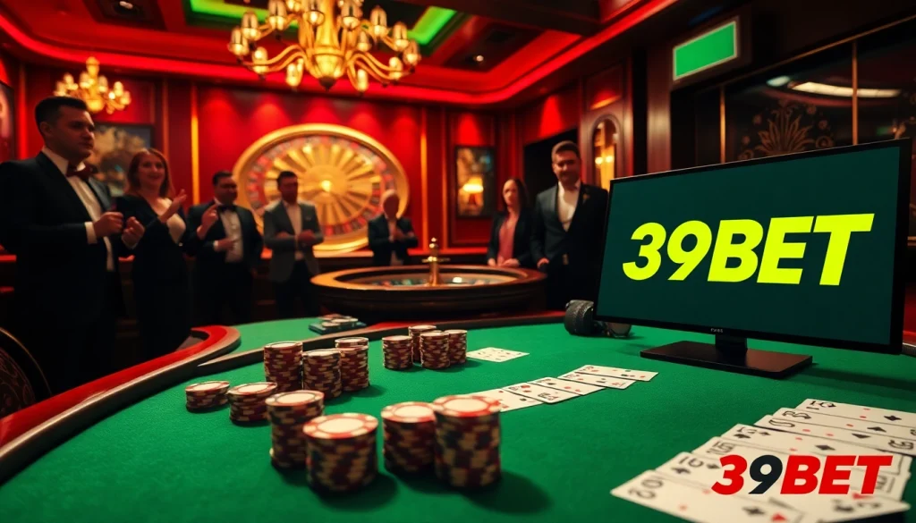 39BET showcases an exciting high-stakes poker table with players enjoying a vibrant casino atmosphere.