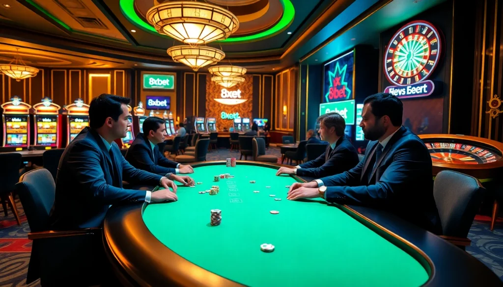 Engaged players at a vibrant 8xbet poker table in a luxurious casino setting.