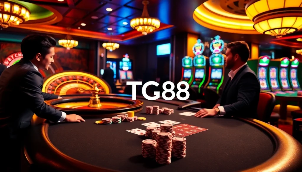 Experience the excitement of gambling at a TG88 casino with winning poker chips and vibrant roulette.