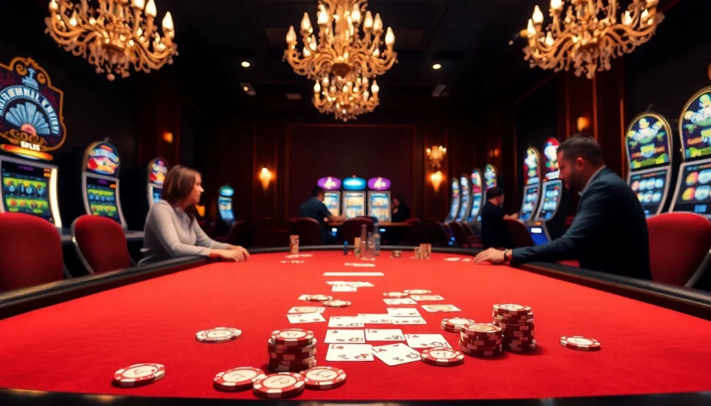 KJC poker game in an upscale casino ambiance with luxurious poker chips and cards.