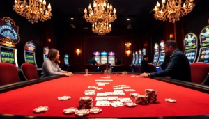 KJC poker game in an upscale casino ambiance with luxurious poker chips and cards.