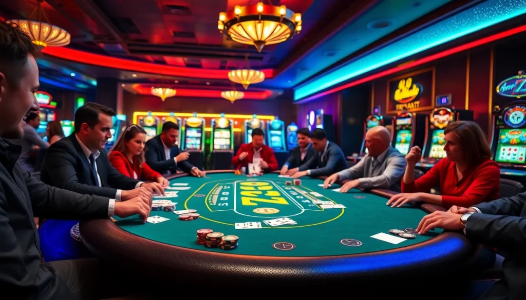 Engage in an exhilarating game at the B52 poker table surrounded by vibrant casino action.