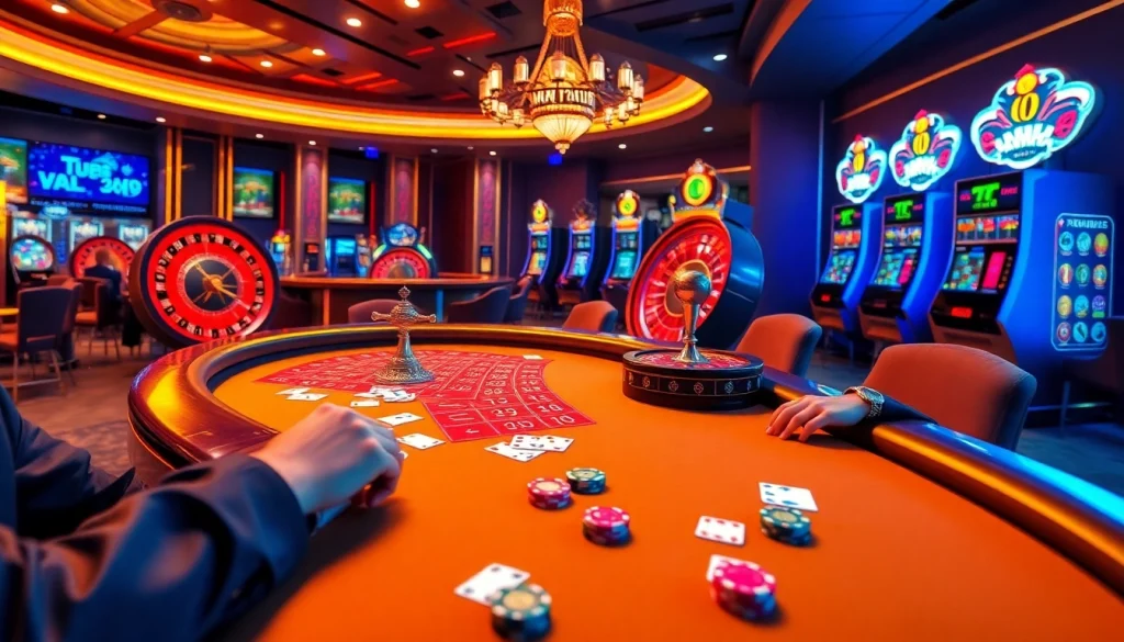Vuabai9 players enjoying a thrilling game of blackjack with vibrant casino elements.