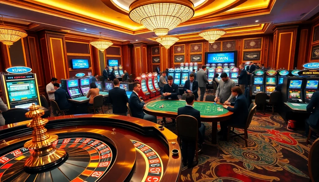 Gamblers enjoying a luxurious casino experience at KUWIN with vibrant games and enthusiastic players.