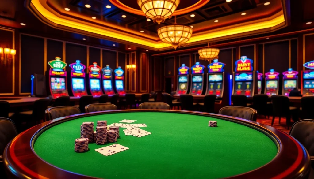 Engage in thrilling table games at the fun 79 casino, showcasing vibrant poker chips and cards.