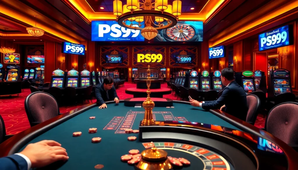 Action-packed gaming session at a casino featuring PS99-themed poker and vibrant slot machines.