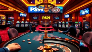 Action-packed gaming session at a casino featuring PS99-themed poker and vibrant slot machines.