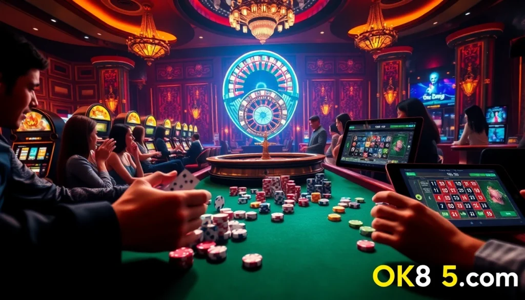 Exciting casino scene with dice rolling and engaging players at OK365 com.