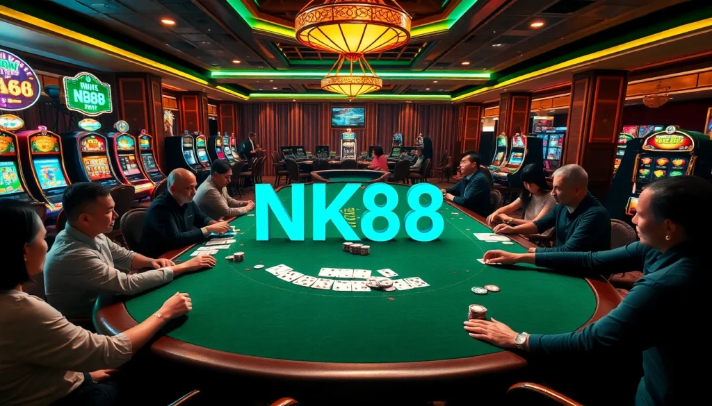 Engaged players enjoying games at a luxurious casino featuring NK88 on display.