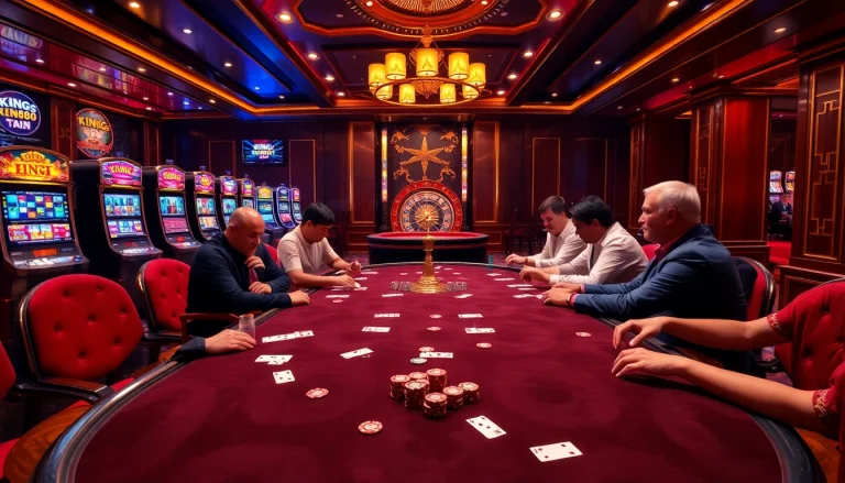 Players engaging in high-stakes poker at KING88 casino, surrounded by vibrant slot machines and roulette wheels.