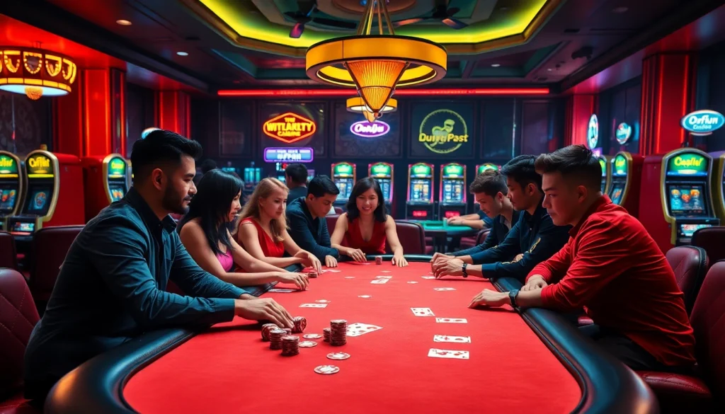Experience the excitement of okfun with players engaged in a high-stakes poker game at a luxurious casino.