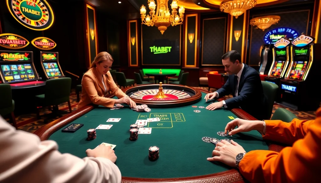 Players are engaged in a thrilling poker game at THABET, showcasing excitement and luxury.