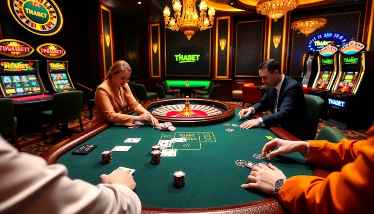 Players are engaged in a thrilling poker game at THABET, showcasing excitement and luxury.