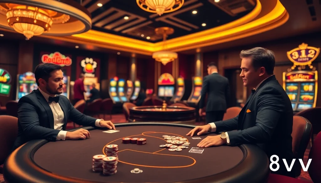 88vv players enjoying an upscale poker game in a luxury casino atmosphere.