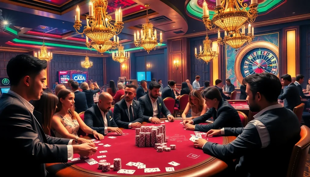 Players enjoying a high-stakes poker game at a vibrant casino inspired by https://s8limited.com/, showcasing excitement and strategy.