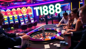 Experience the thrill at TR88 casino with players engaged in exciting roulette action and colorful slot machines.