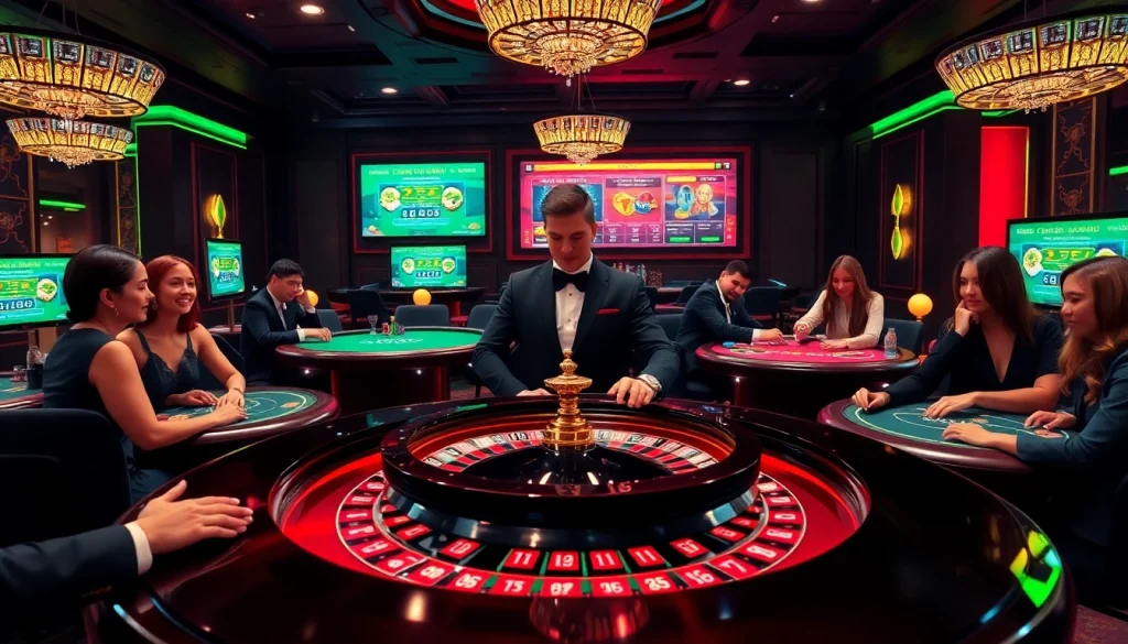 Experience the excitement of rikvip game bài đổi thưởng with players winning at a luxurious casino.