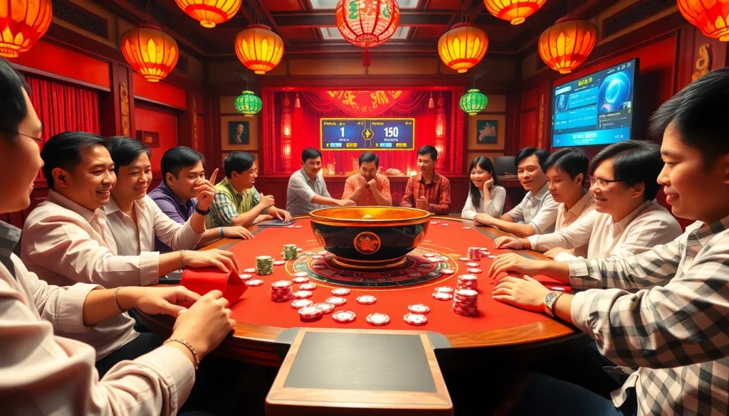 Xóc đĩa game setup with players, betting coins, and vibrant atmosphere.