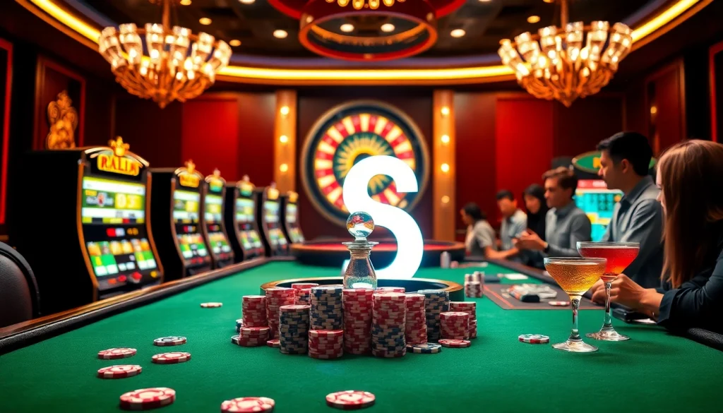 Players enjoying a thrilling game at an S8 branded casino table with vibrant slot machines.