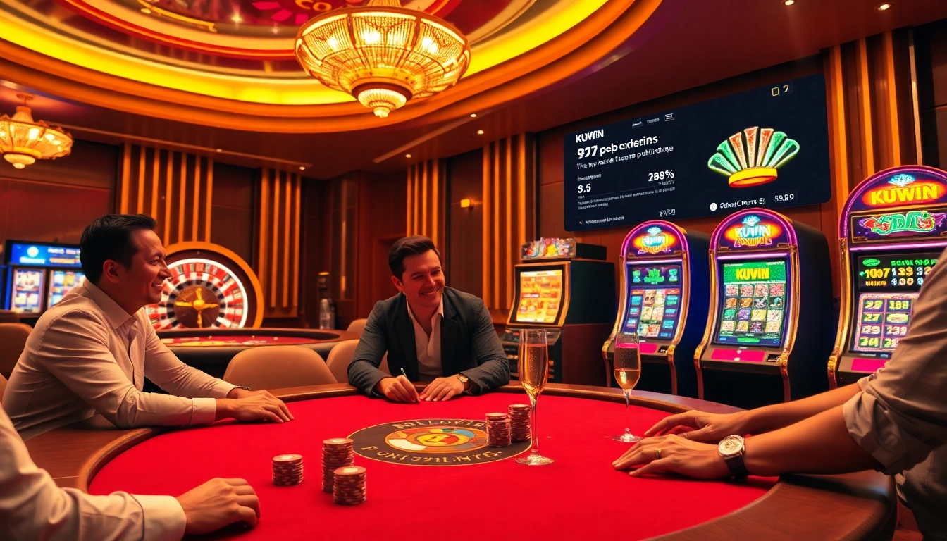 Kuwin casino scene showcasing a thrilling poker game and spinning roulette wheel with vibrant colors.
