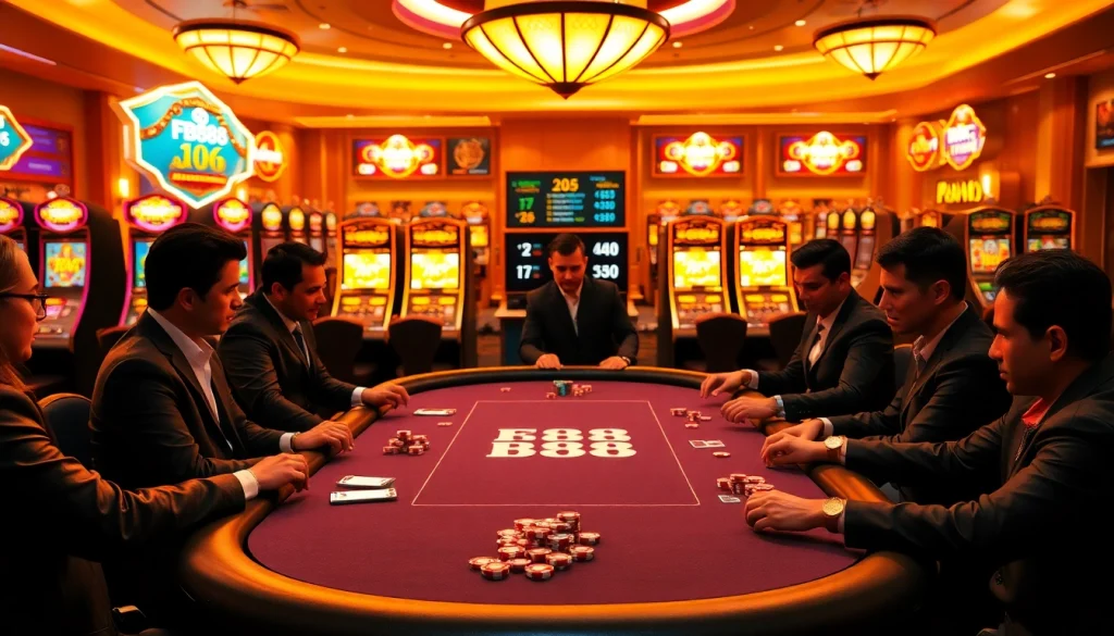 Experience high-stakes action at FB88's poker table amidst vibrant casino entertainment.