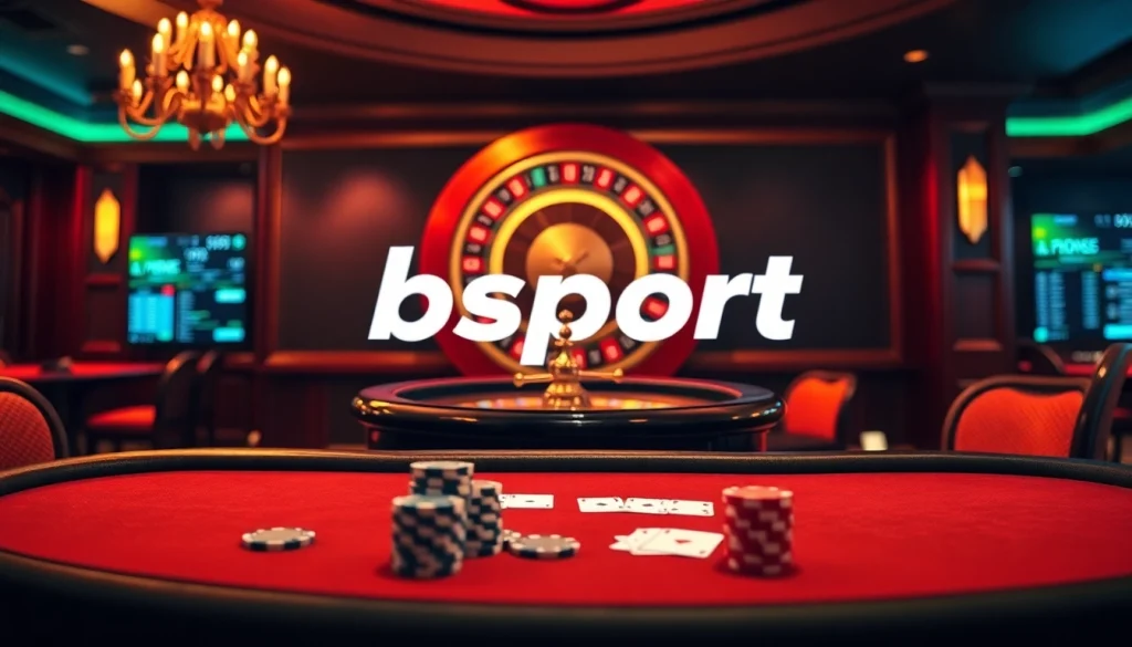 Engaging scene of online gambling at Bsport with casino elements like cards and roulette.