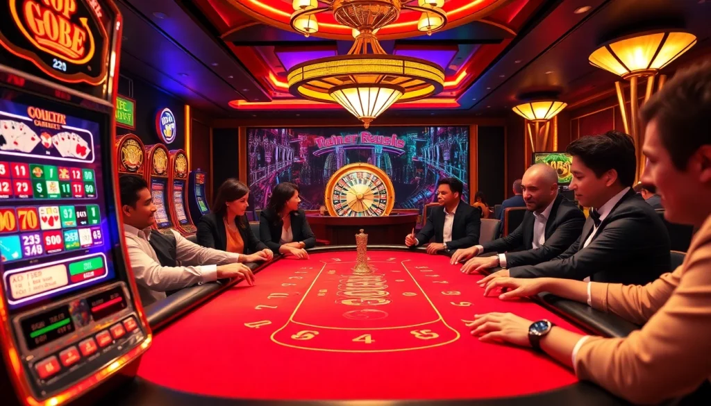 Players enjoying a go88-themed casino table, immersed in a lively gambling atmosphere.
