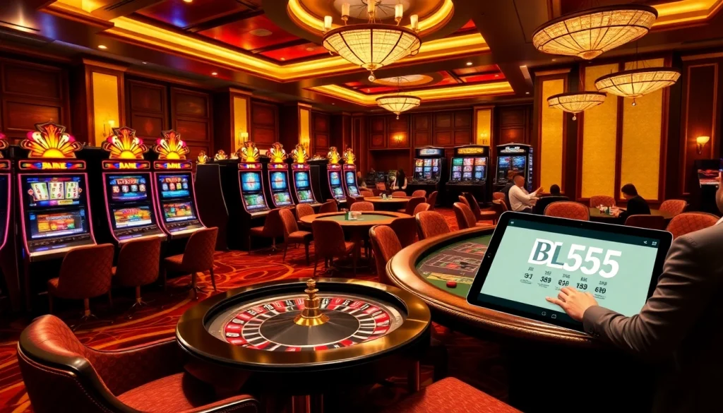 Players immerse in the exciting world of BL 555 casino games, showcasing vibrant slots and interactive tables.
