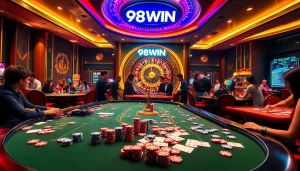 Experience thrilling gaming at 98WIN with vibrant casino tables, colorful chips, and exciting gameplay.