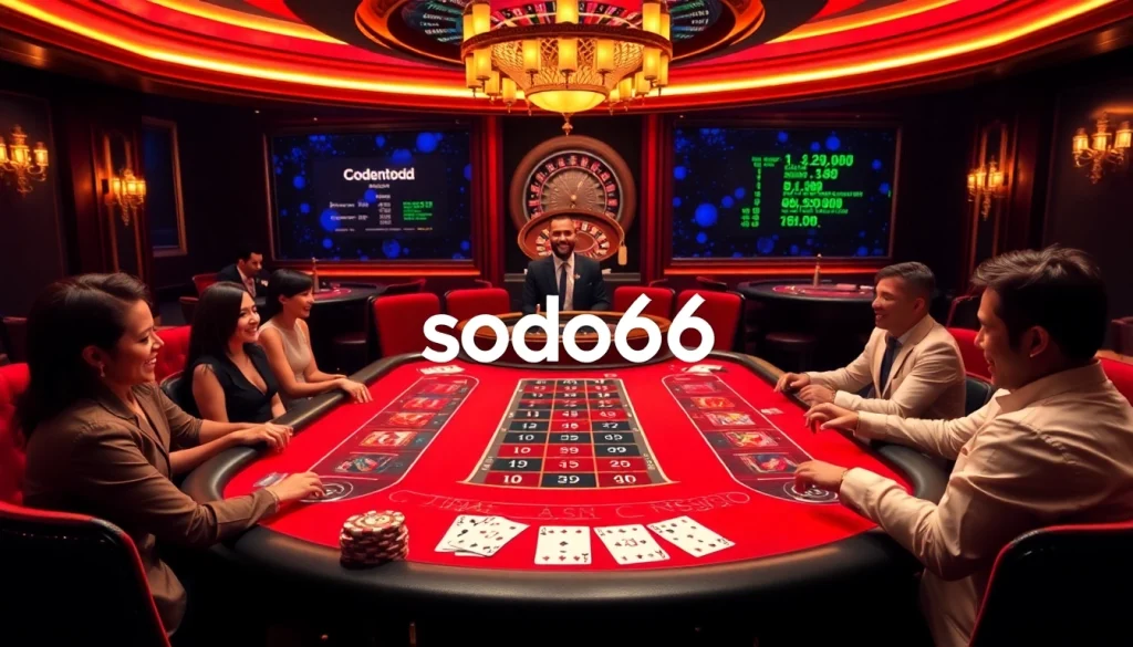 Sodo66 players enjoying a thrilling baccarat game at a luxurious casino table.