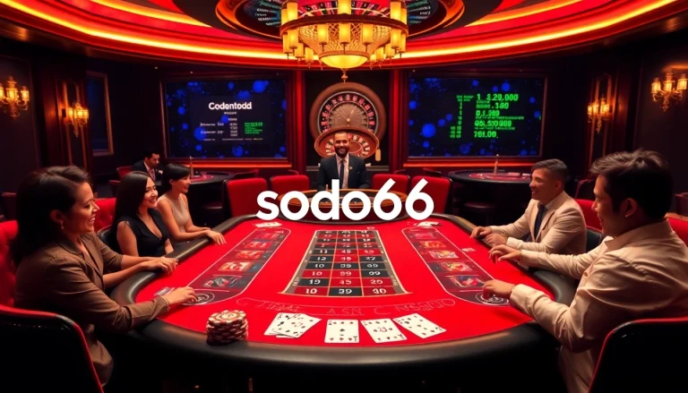 Sodo66 players enjoying a thrilling baccarat game at a luxurious casino table.