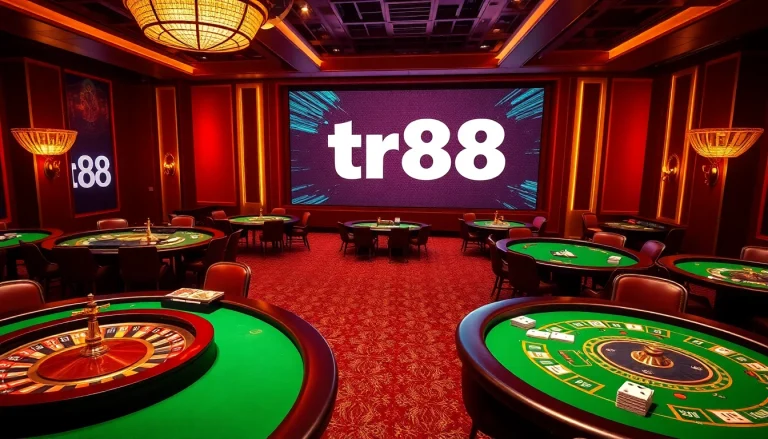 Exciting casino gaming scene showcasing tr88 related poker chips on a vibrant gaming table.