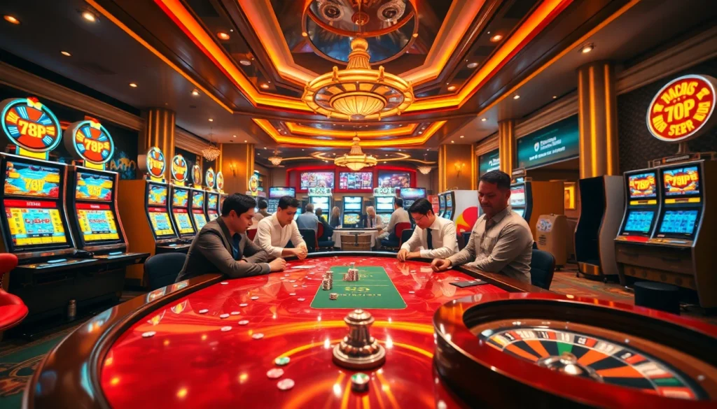 Players enjoying a lively poker game at 789P casino, surrounded by vibrant slot machines.