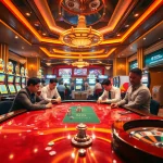 Players enjoying a lively poker game at 789P casino, surrounded by vibrant slot machines.