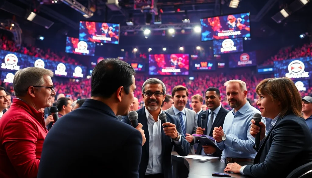 Engaging scene of Sports Broadcasting team discussing live events in a vibrant studio.