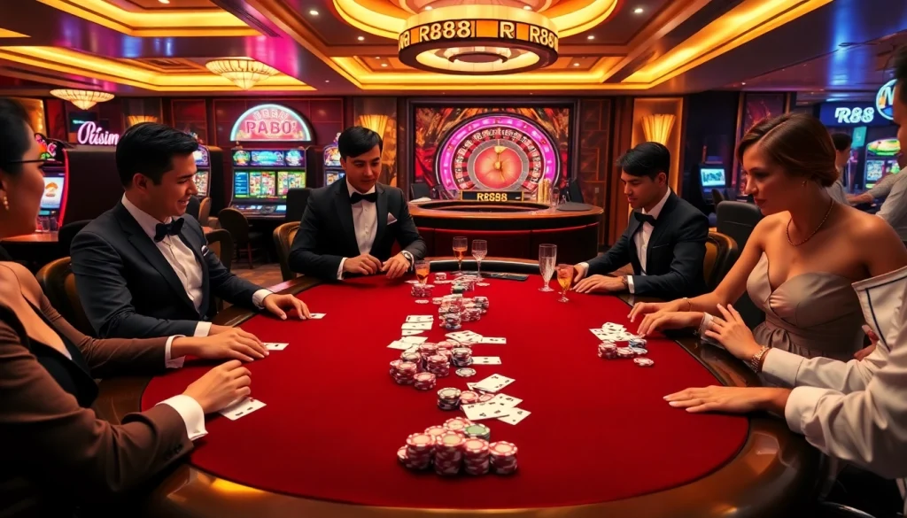 Engaged gamblers enjoying a luxurious RR88 casino experience with poker, slots, and roulette.