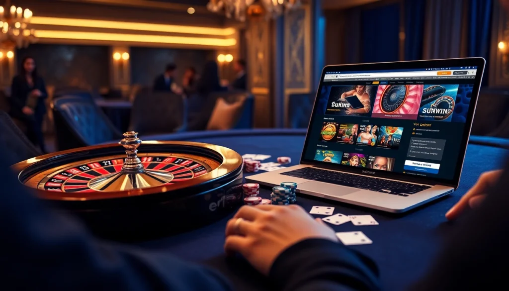 Engage in thrilling gambling action at https://sunwin.builders/ with poker chips and cards on a modern casino table.