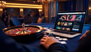 Engage in thrilling gambling action at https://sunwin.builders/ with poker chips and cards on a modern casino table.