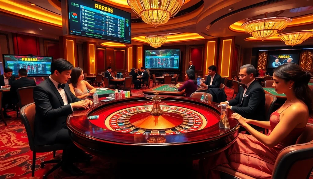 RR88 players enjoy excitement at a roulette table in a luxurious casino setting.