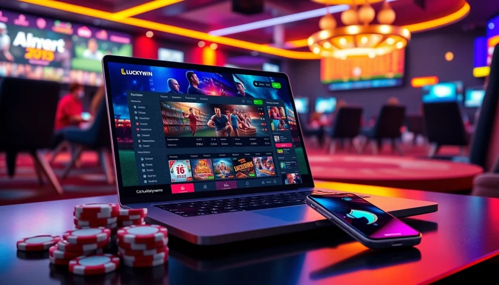 Experience the thrill of online betting with Luckywin at https://luckywin.name, showcasing a vibrant casino atmosphere.